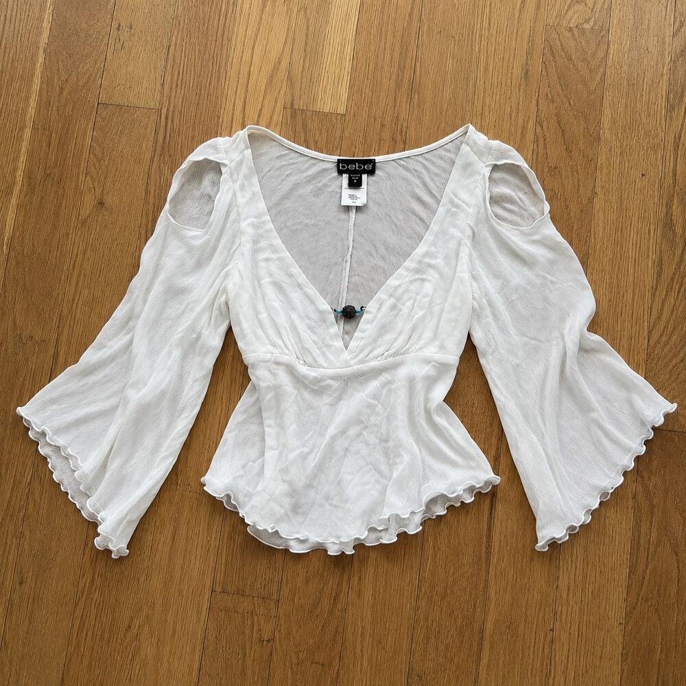 Y2K Bebe White Bell Sleeve Top Cold Shoulder Plunge Fairy Boho